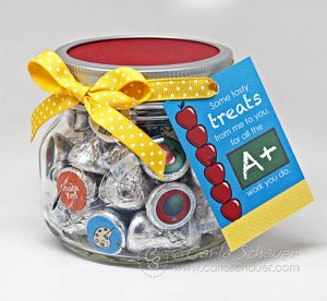 Teacher Appreciation Candy Gift Jar, using free printables from Carla Schauer Designs at carlaschauer.com.