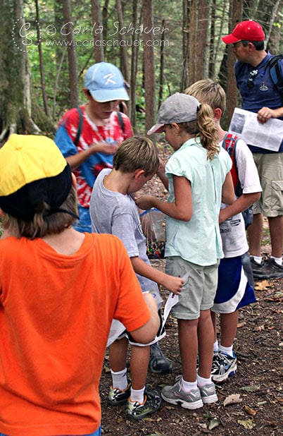 A group of tweens gathered in the woods sharing a bag of trail mix.