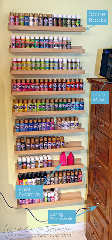 Acrylic paint storage using picture ledges-Carla Schauer Design Studio