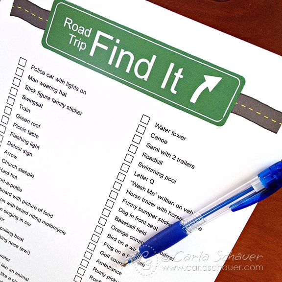 Printable Travel Scavenger Hunt for Tweens with 2 columns of lists printed in black. Blue pen laying on top.