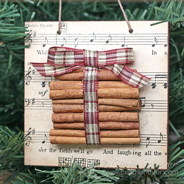 Sheet music and cinnamon stick ornament. Tutorial from carlaschauer.com