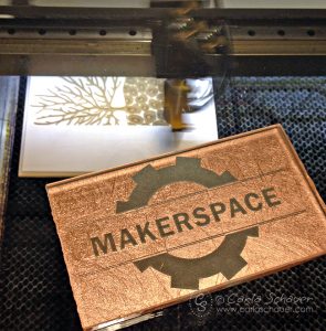 Laser engrave designs on wood, glass or acrylic. Tour a MakerSpace with Carla Schauer Designs.