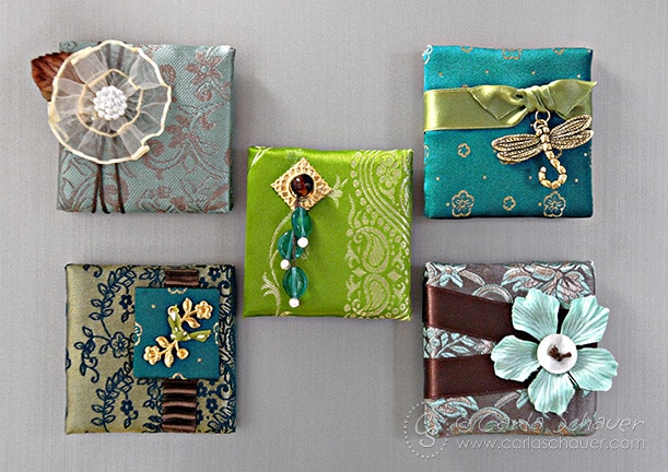 Fabric magnets made from craft stash by Carla Schauer.