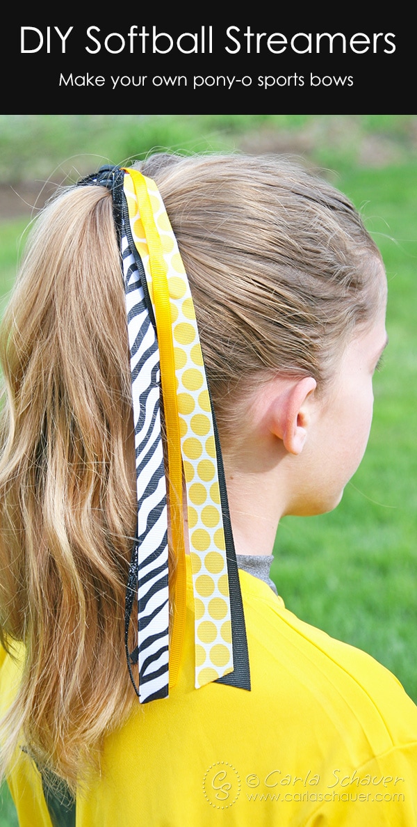 Girl in yellow wearing yellow, black, and white.DIY pony-o streamer bows for fastpitch softball. White text on black overlay reads "DIY Softball Streamers, Make your own pony-o sports bows"