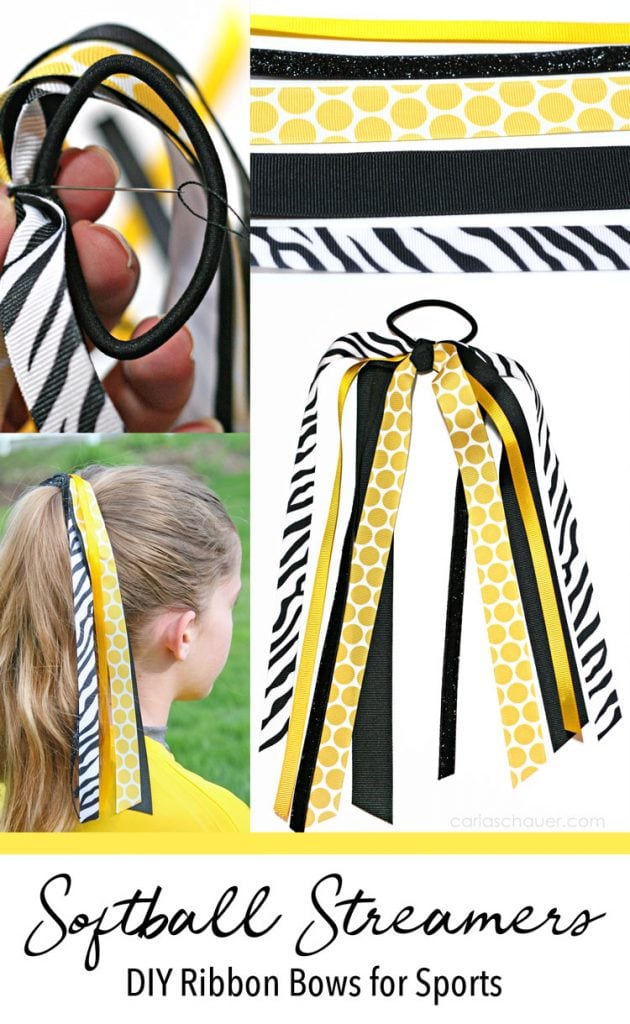 Collage of yellow, black, and white ribbon hair bows, with text at bottom for pinning