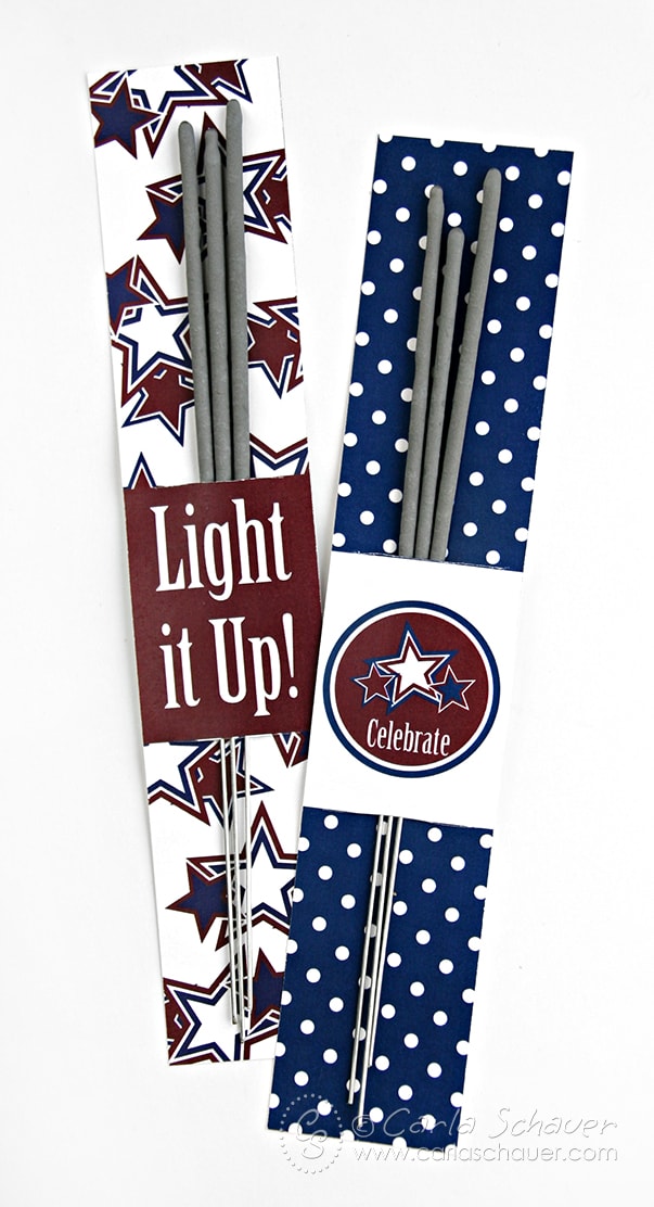 Free printable July 4th Sparkler Holders from Carla Schauer Designs. This set coordinates with another free printable patriotic project, and a full Stars & Stripes printable party!