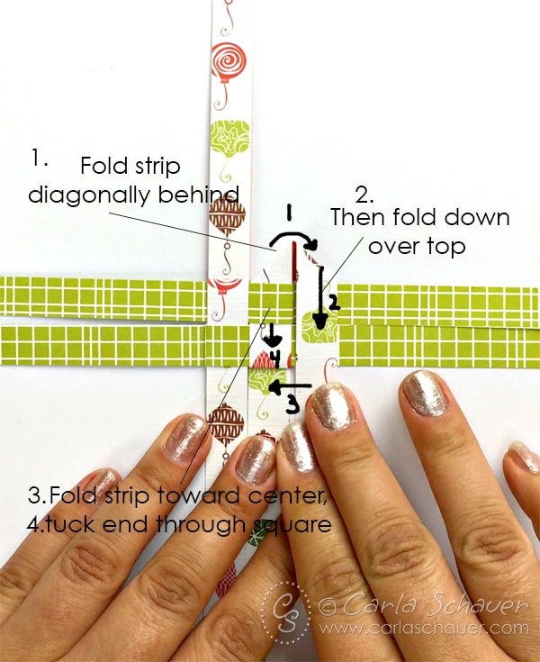 Paper strips instructing how to fold side points to make German Stars