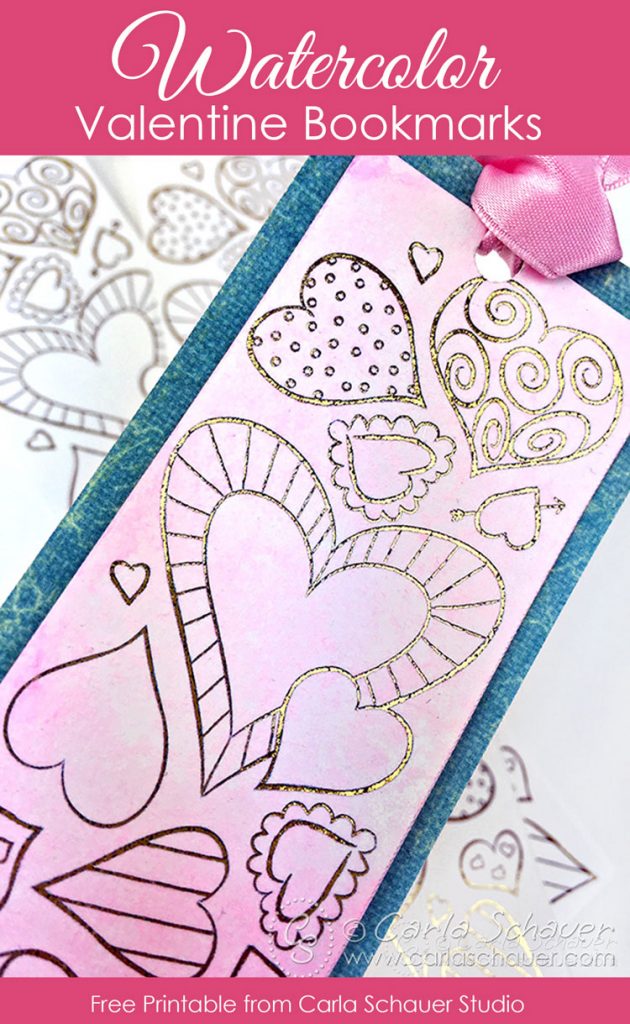 Watercolored printable heart bookmark on white background with text for pinning.