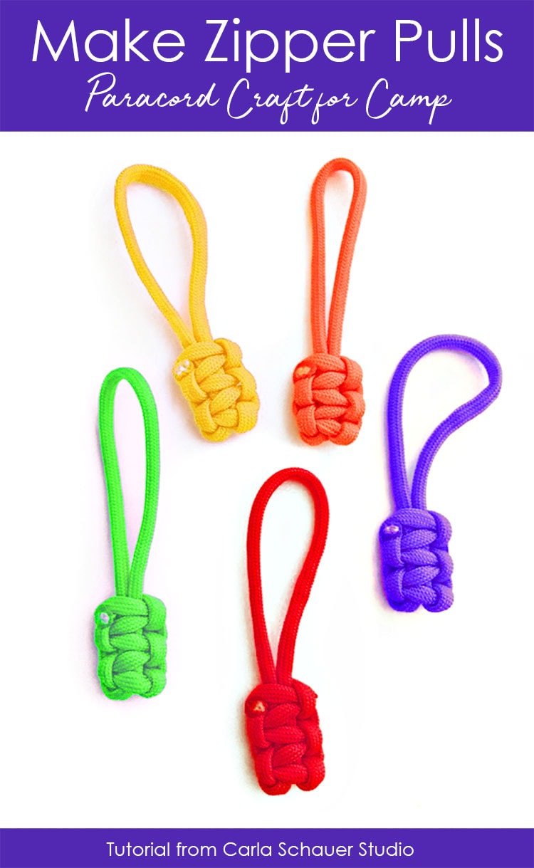 Paracord zipper pulls in multiple colors on white background with descripti e text for pinterest