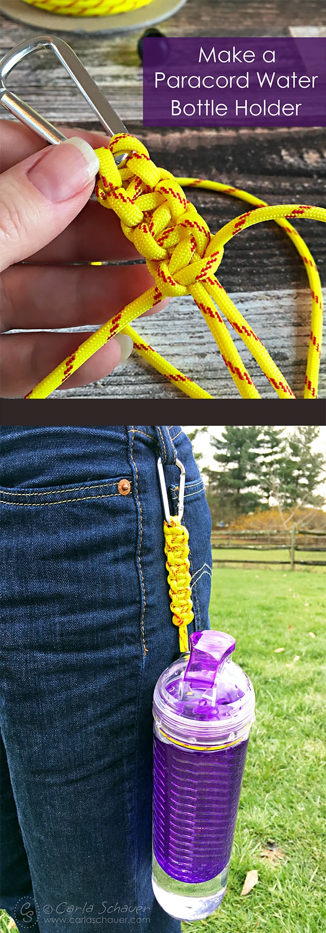 Make a paracord water bottle holder. Use fastpitch paracord for softball, or coordinate with team colors for other sports. Cute and useful! | Tutorial from Carla Schauer Designs