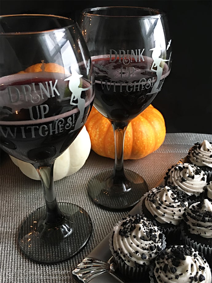 Drink up witches! Customize wine glasses for a Halloween party. Free cutting file from Carla Schauer Designs
