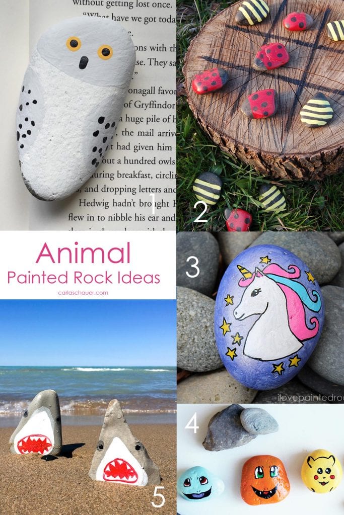 A collage of photos of rocks with painted animals. Text overlay reads "Animal Painted Rock Ideas".