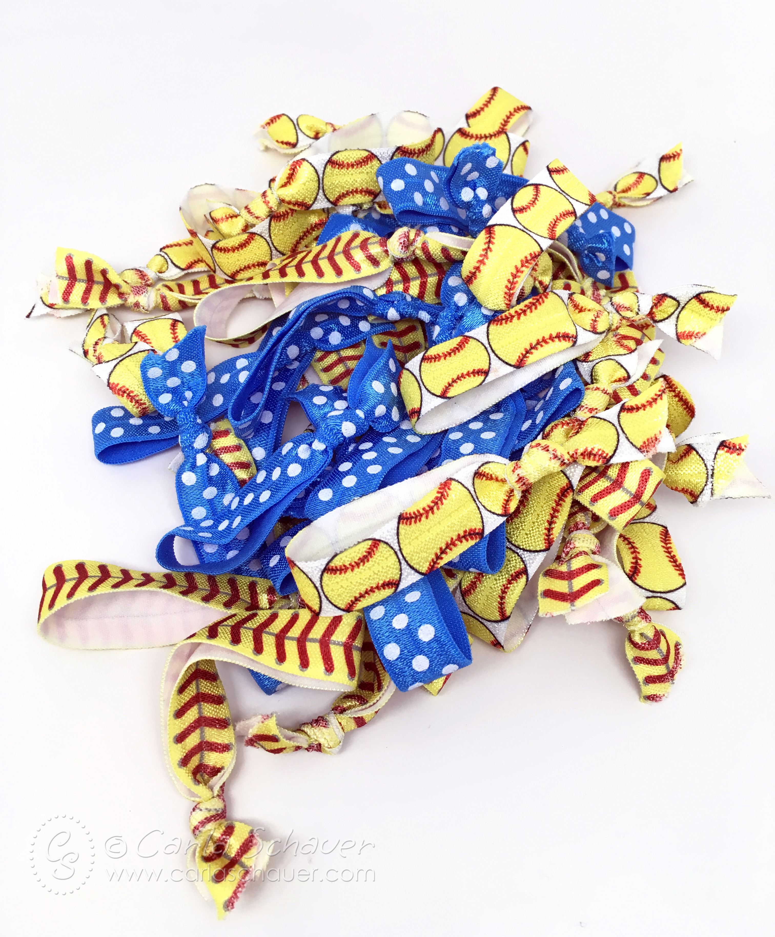 Elastic hair ties in 3 designs for DIY softball gifts.