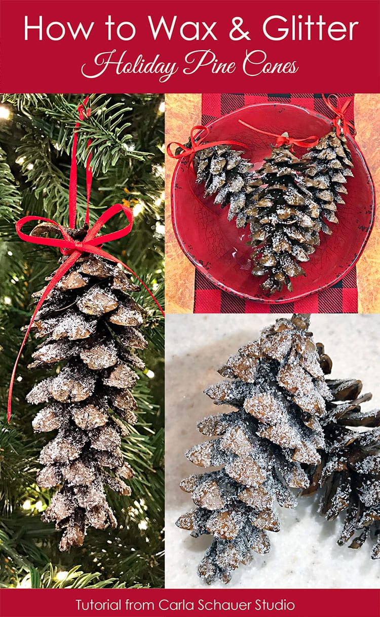 collage of glittered pine cone photos with text for pinterest