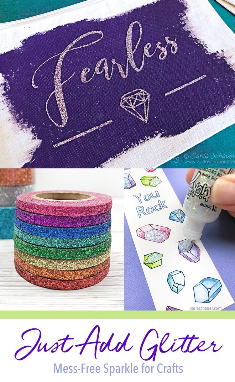 3 Photo collage of glittery crafts. Purple text on white at the bottom reads "Just Add Glitter Mess-Free Sparkle for Crafts" 