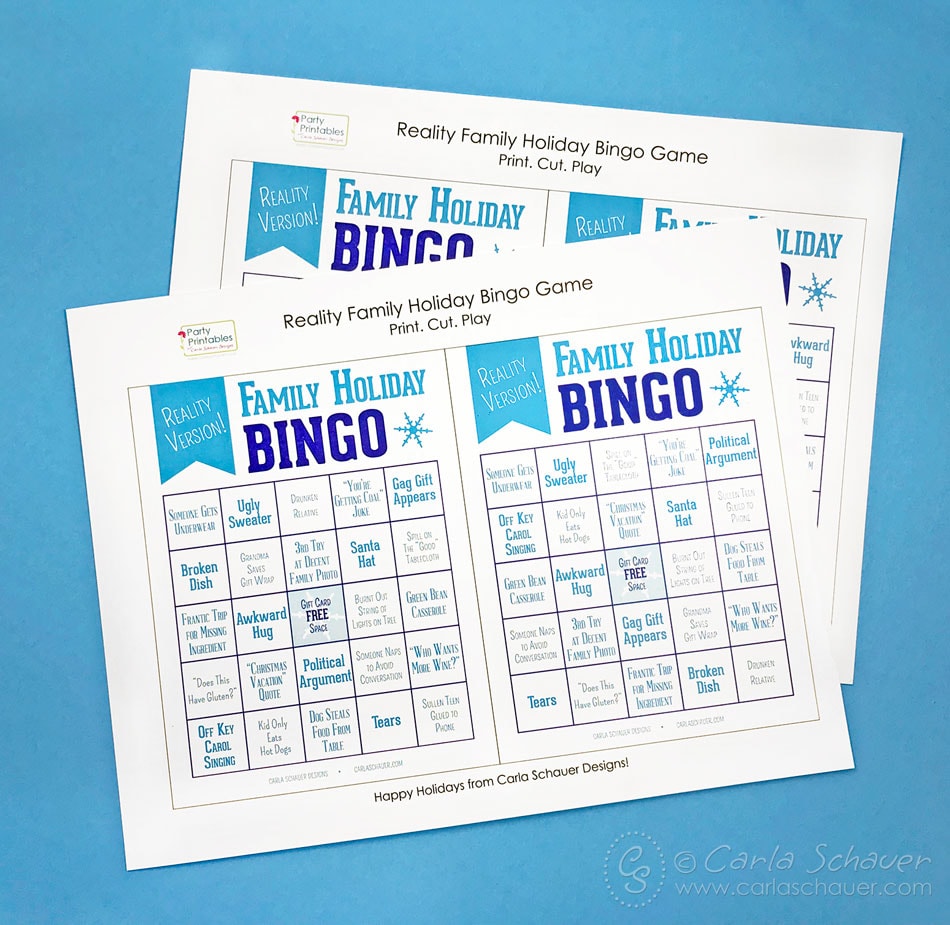 2 printed pages of snarky holiday bingo boards on blue background.
