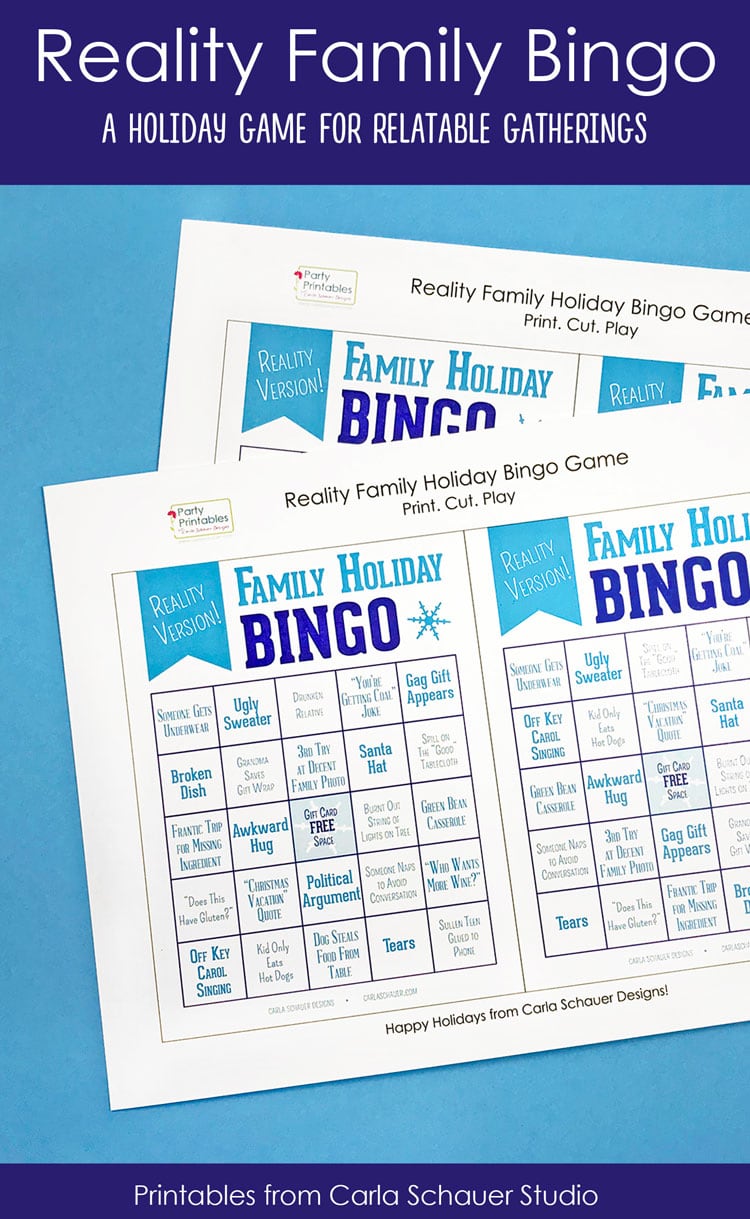 2 printed pages of snarky holiday bingo boards on blue background. Includes text for pinterest