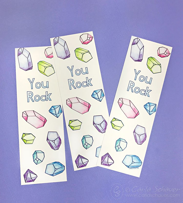 3 "You Rock" Crystal Patterned Printable Bookmarks on purple background