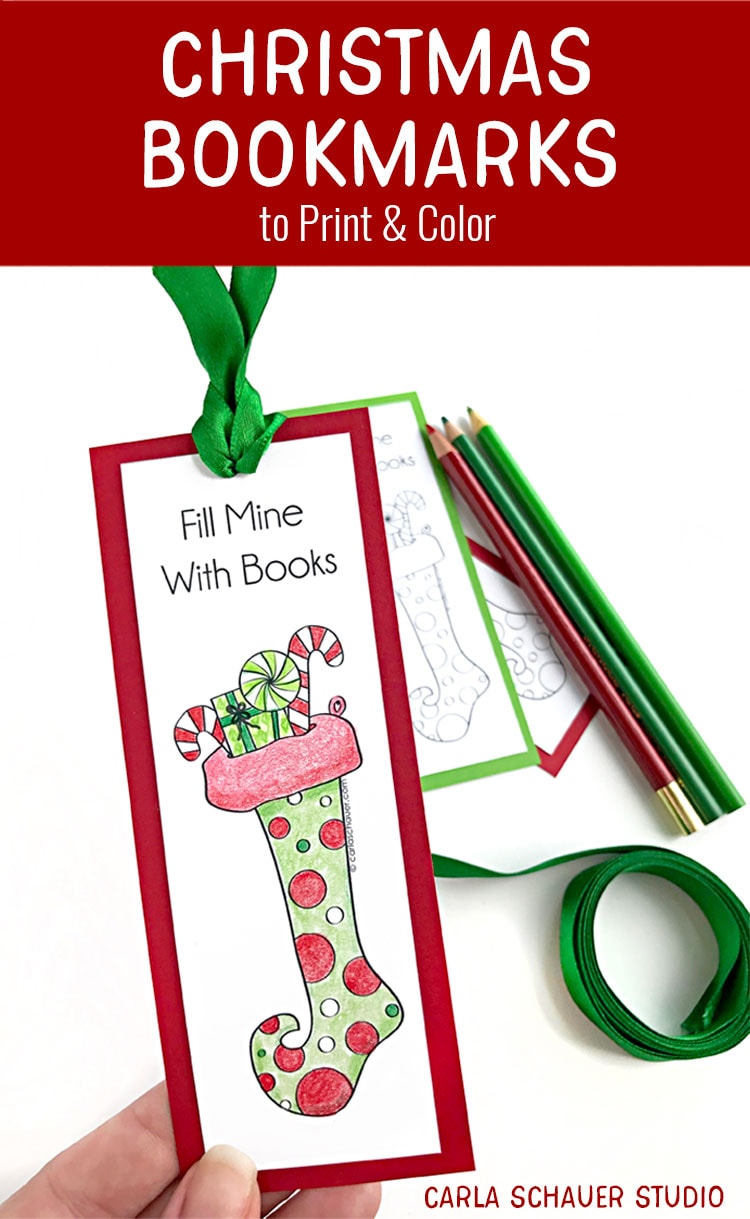 Printable Christmas stocking coloring bookmark with colored pencils and green ribbon on white background with text overlay.