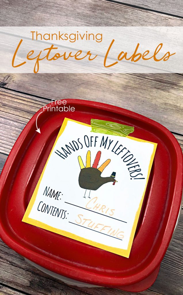 Printable Thanksgiving leftover label taped to container, includes text overlay for pinning.