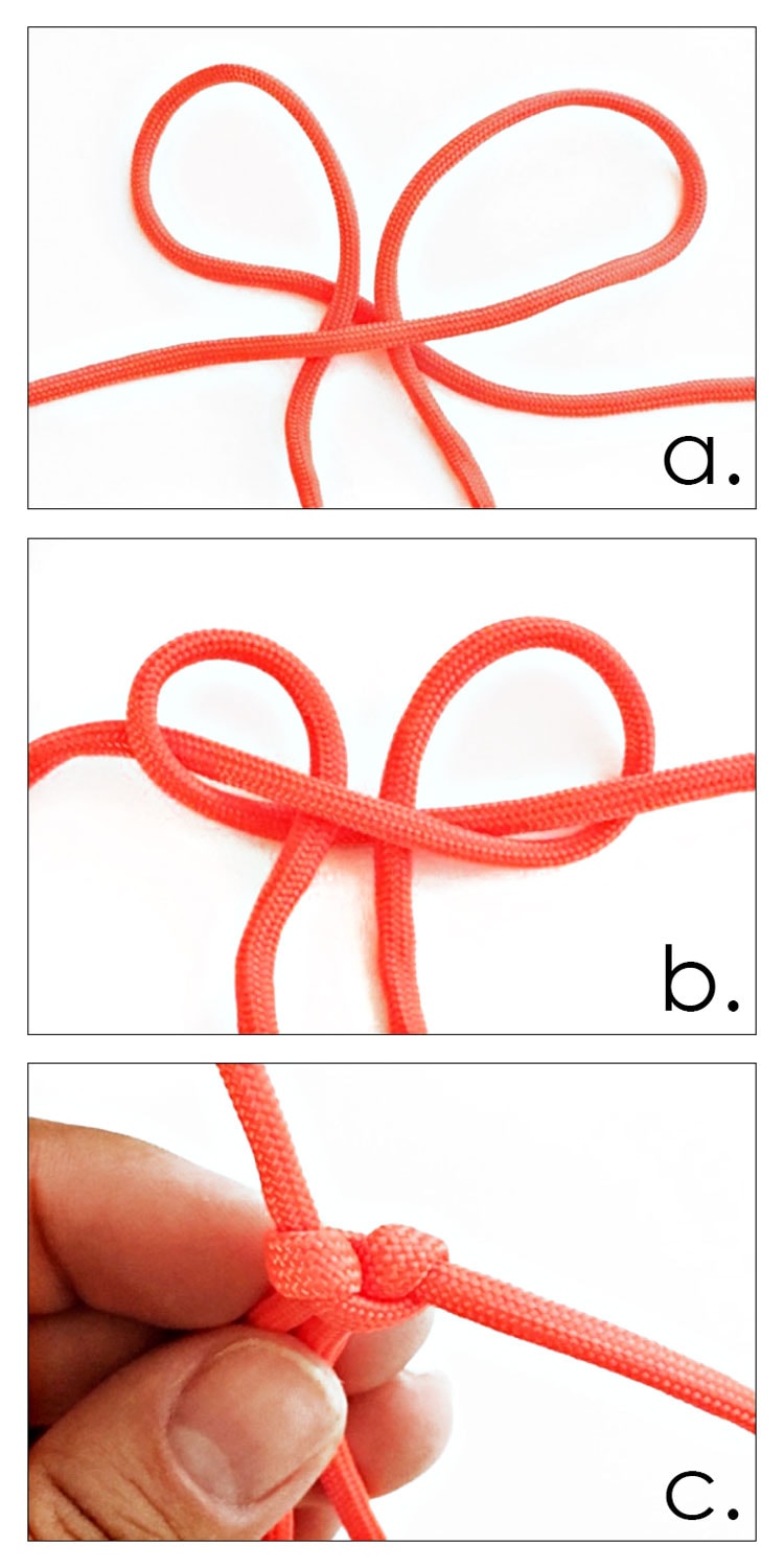 3 photo collage of making first paracord cobra knot.