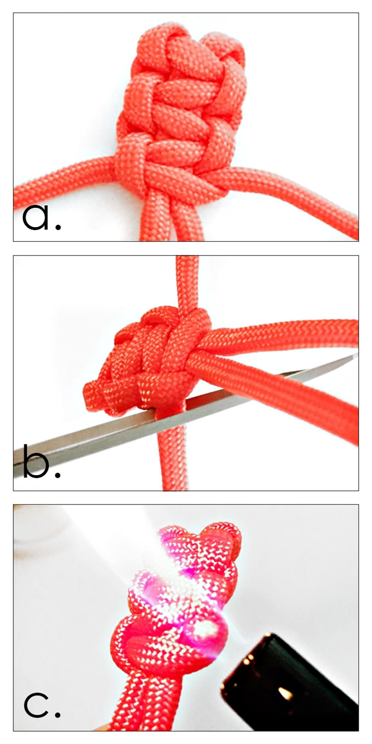 3 photo collage of making paracord cobra knot zipper pull.