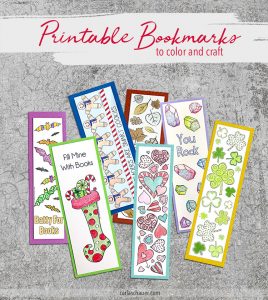 Colored printable bookmarks laying on cement background with descriptive text.