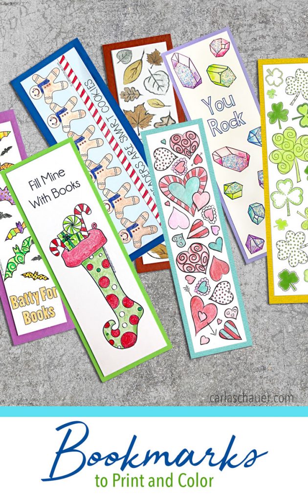 Colored printable bookmarks laying on cement background with descriptive text.