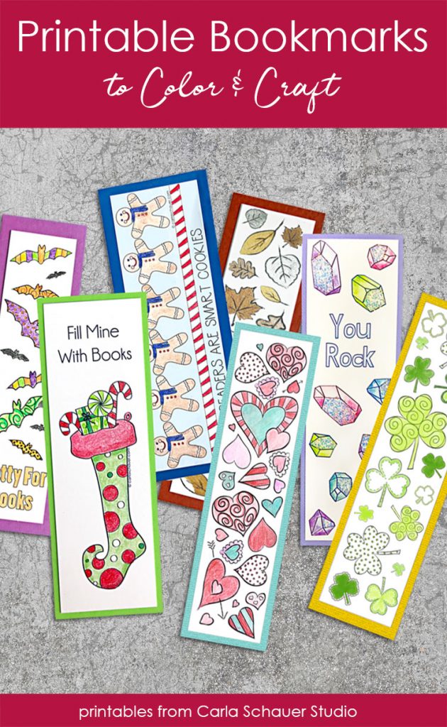 Colored printable bookmarks laying on cement background with descriptive text.