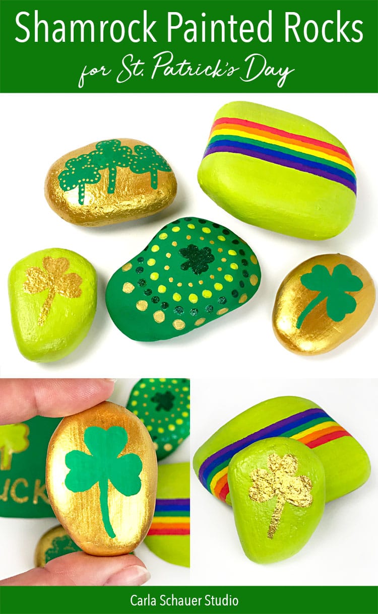 Gold and green shamrock painted rocks photo collage with text.
