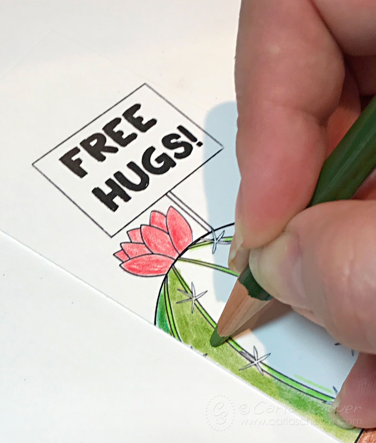 Coloring cactus bookmark with colored pencils