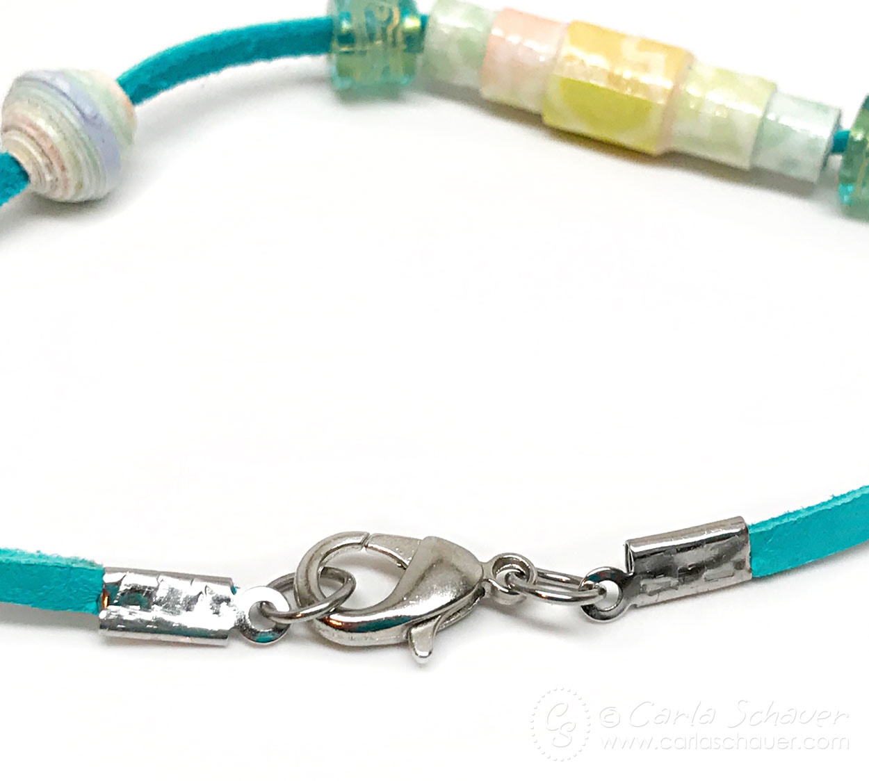DIY turquoise leather cord bracelet with rolled paper beads