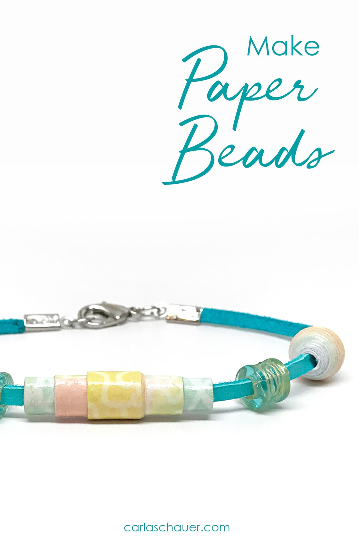 Rainbow rolled paper bead bracelet on white background