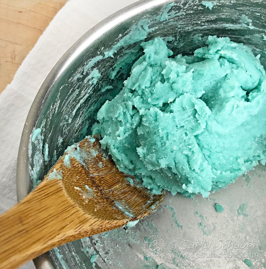 Cooked DIY playdough in saucepan.