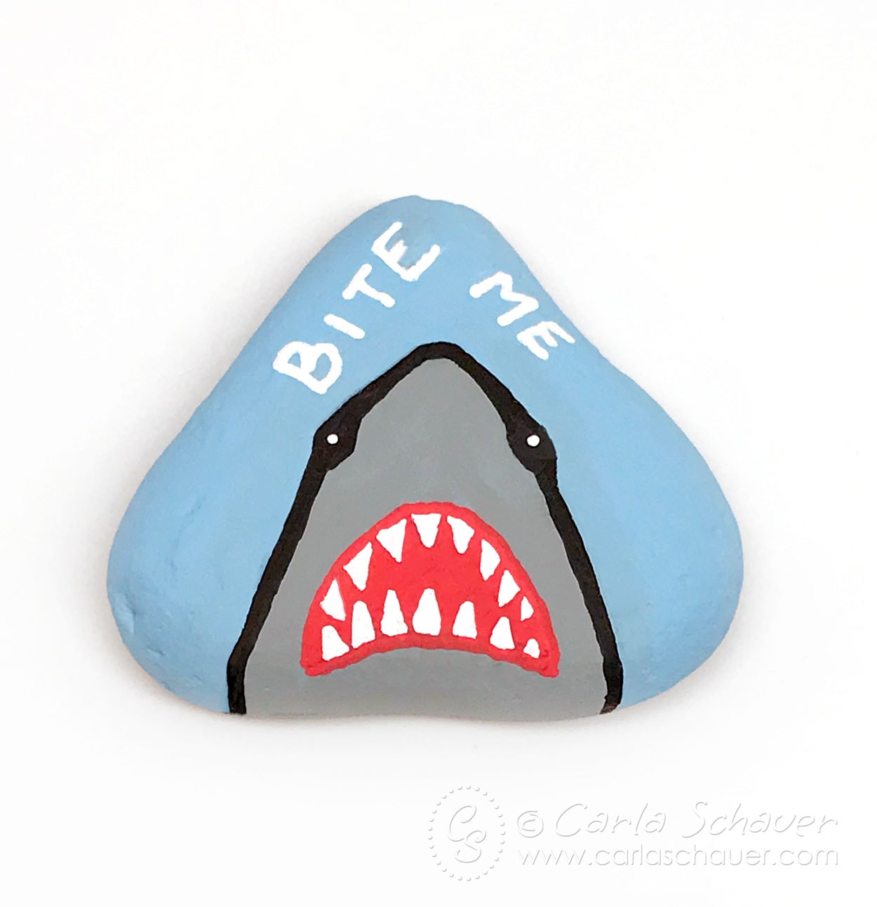 Snarky shark painted rock on white background