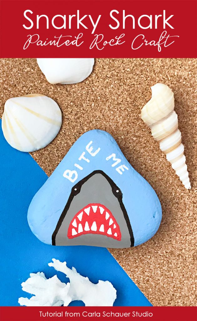 Bite Me Shark on blue background with shells