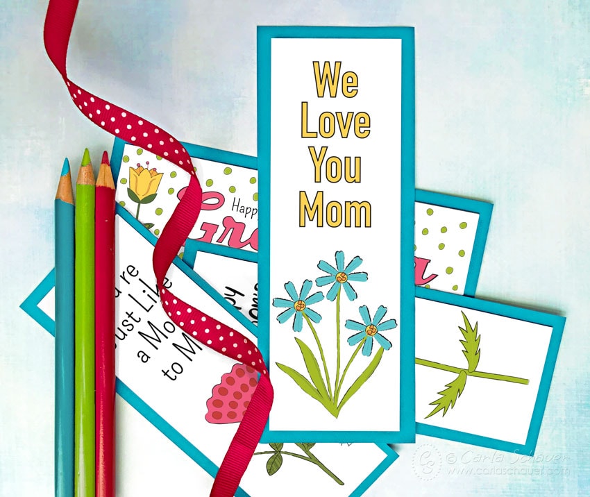Printable Mother's Day bookmarks with ribbon and colored pencils.
