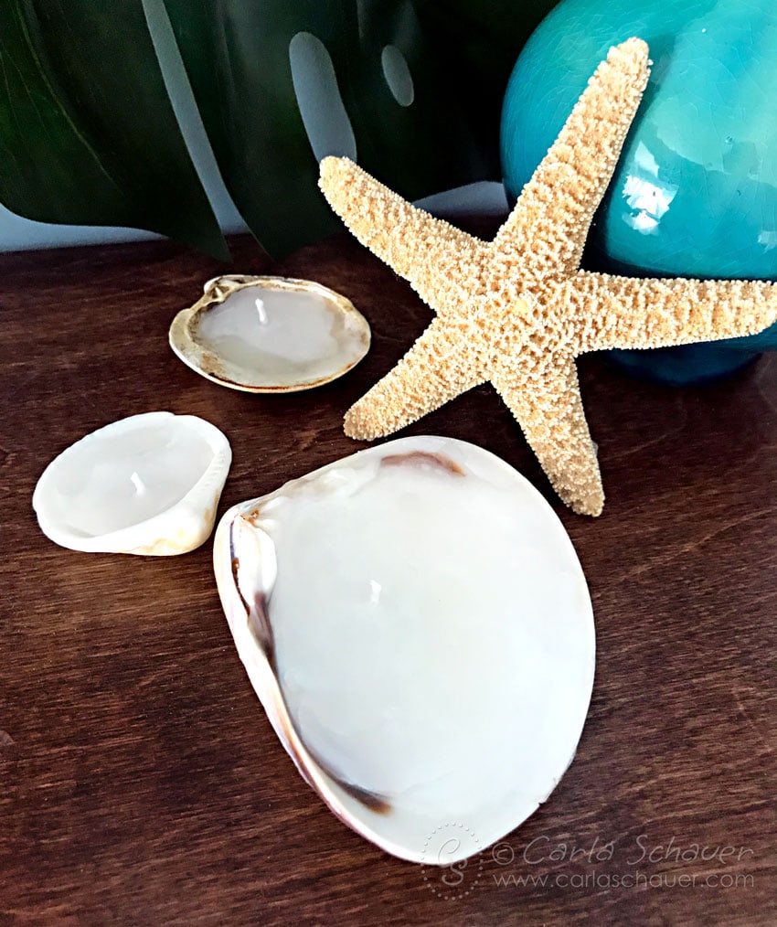 DIY Candles in seashells on wood table with starfish.