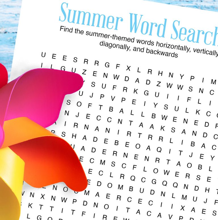 Close up photo of word search with pinwheel toy