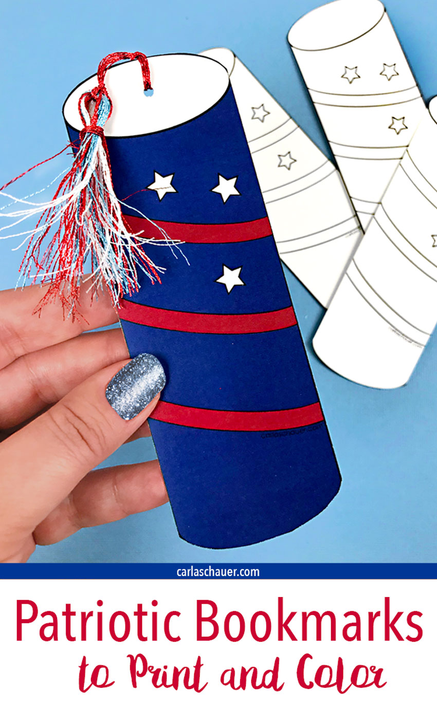 Hand holding firecracker patriotic bookmark with descriptive text.