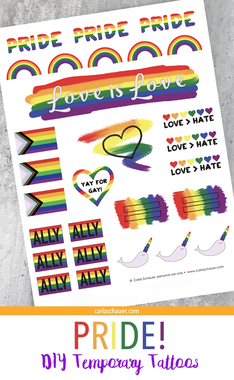 Sheet of Printed Pride Tattoos with descriptive text.