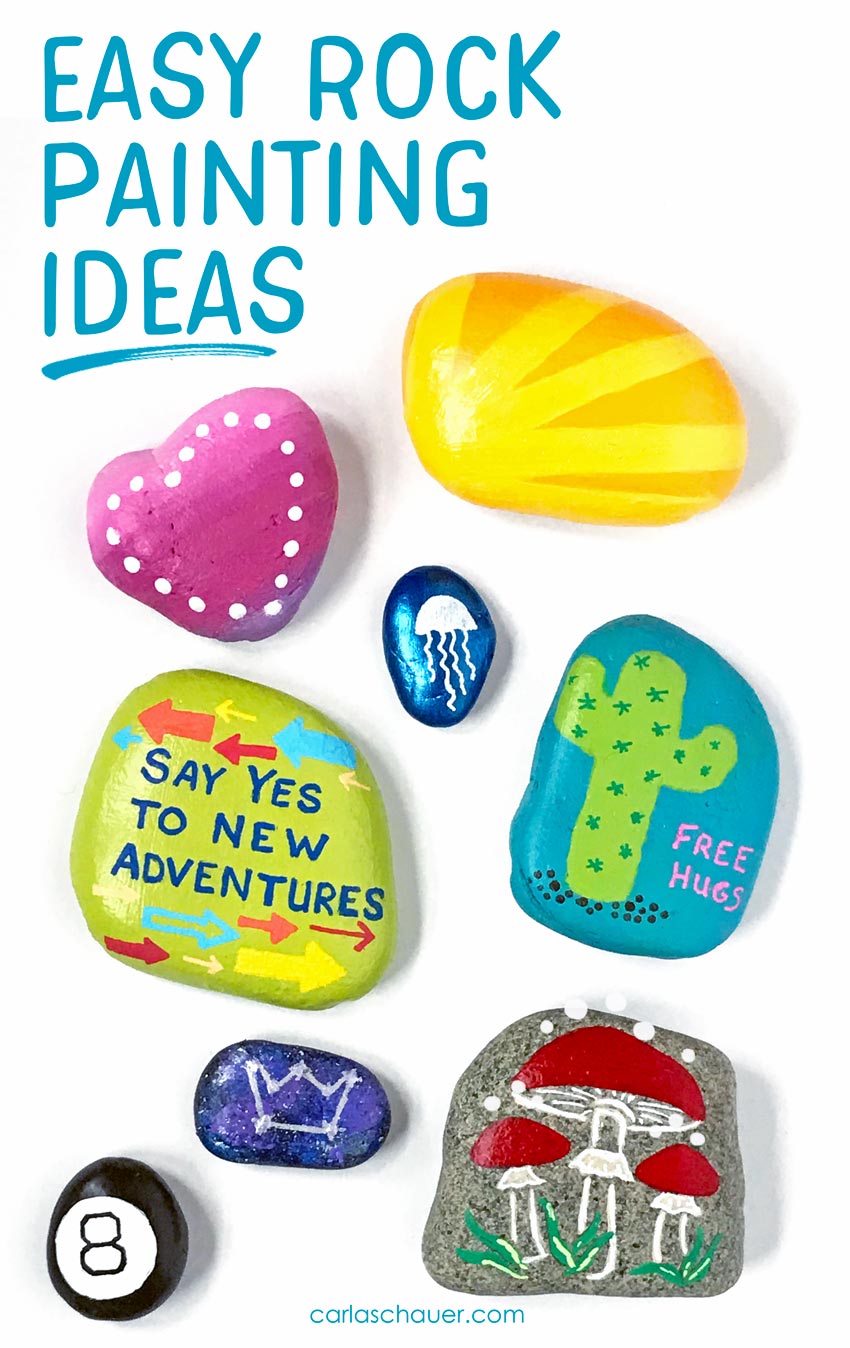 7 Brightly colored painted rocks on white background, with blue text overlay that reads "Easy Rock Painting Ideas".