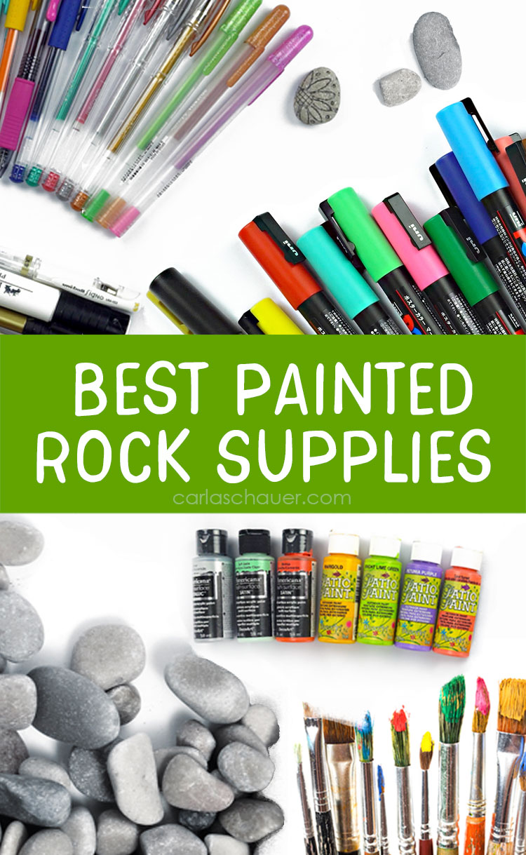 Art supplies on white background with text overlay that reads "Best Painted Rock Supplies".