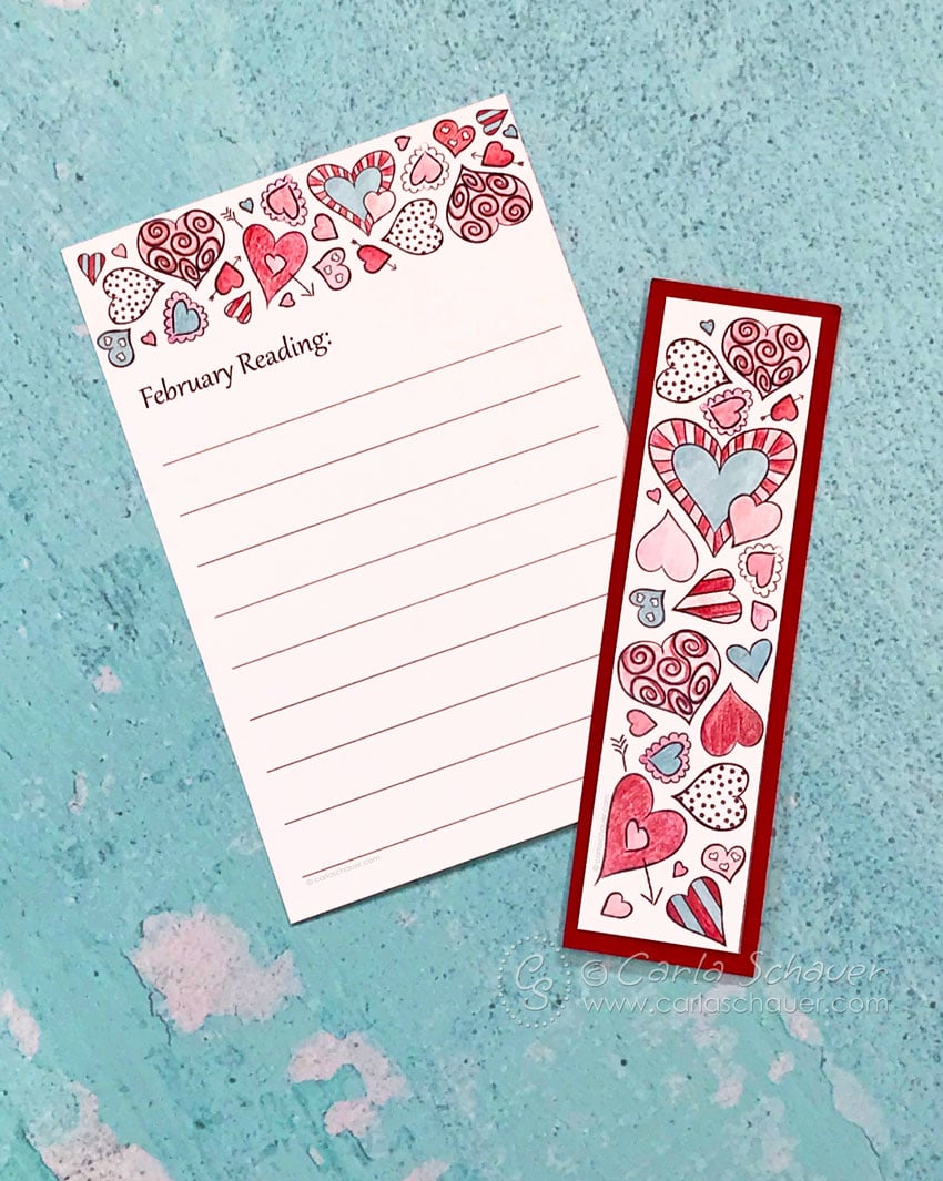 Printable February reading log and bookmark set, with colored red, pink, and teal patterned hearts, on a teal background.