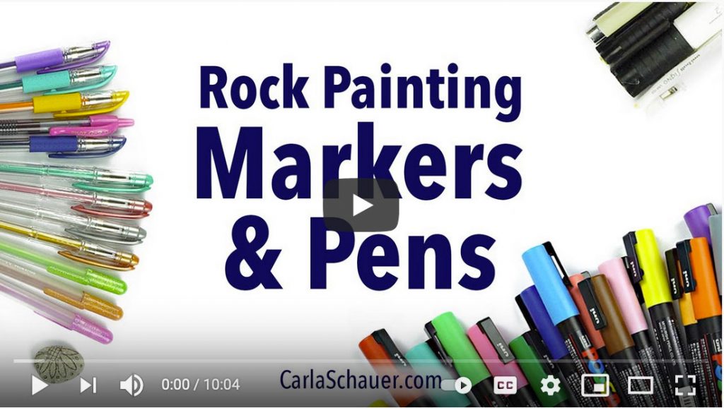 Image of video title screen from YouTube video. Title text overlay reads "Rock Painting Markers & Pens".