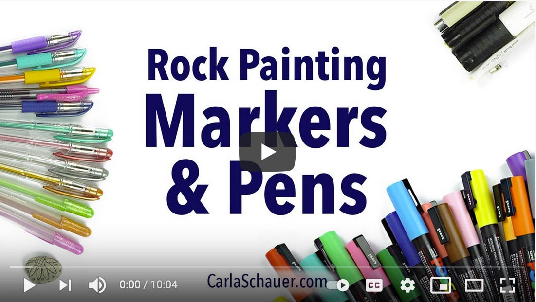 Image of video title screen from YouTube video. Title text overlay reads "Rock Painting Markers & Pens".