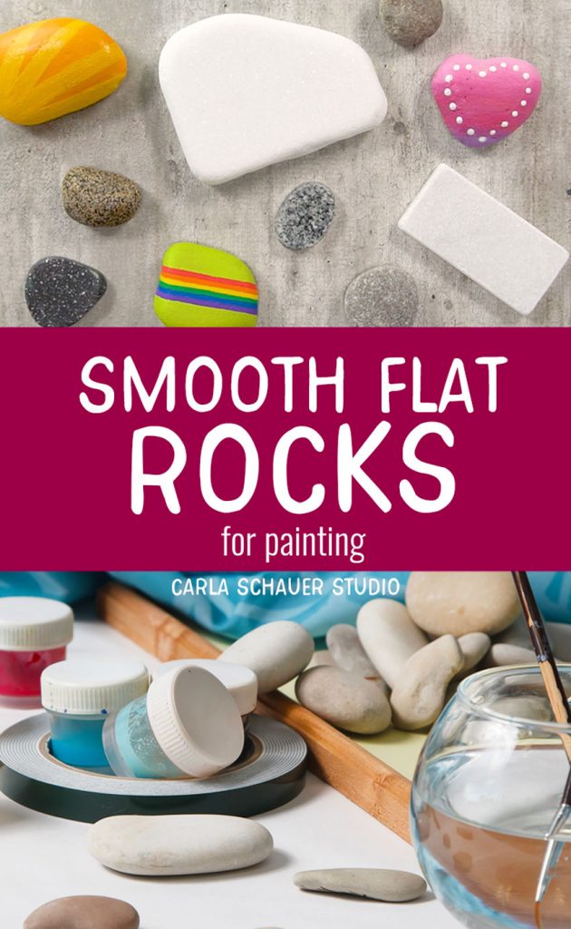 Collage of painted and unpainted rock photos with red rectangle text box between. Text reads "Smooth flat rocks for painting."
