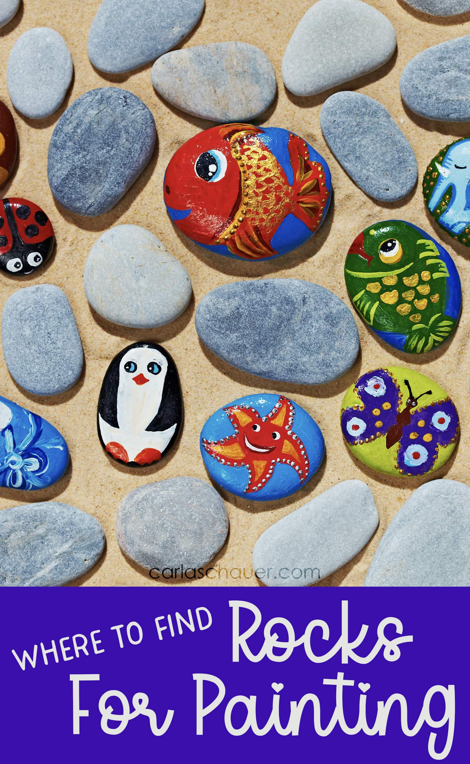 A mix of animal painted and unpainted flat stones. White text on blue background at bottom reads "Where to Find Rocks for Painting."