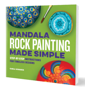 Painted Mandala Rocks on a bright green book cover with text reading "Mandala Rock Painting Made Simple, by Carla Schauer"