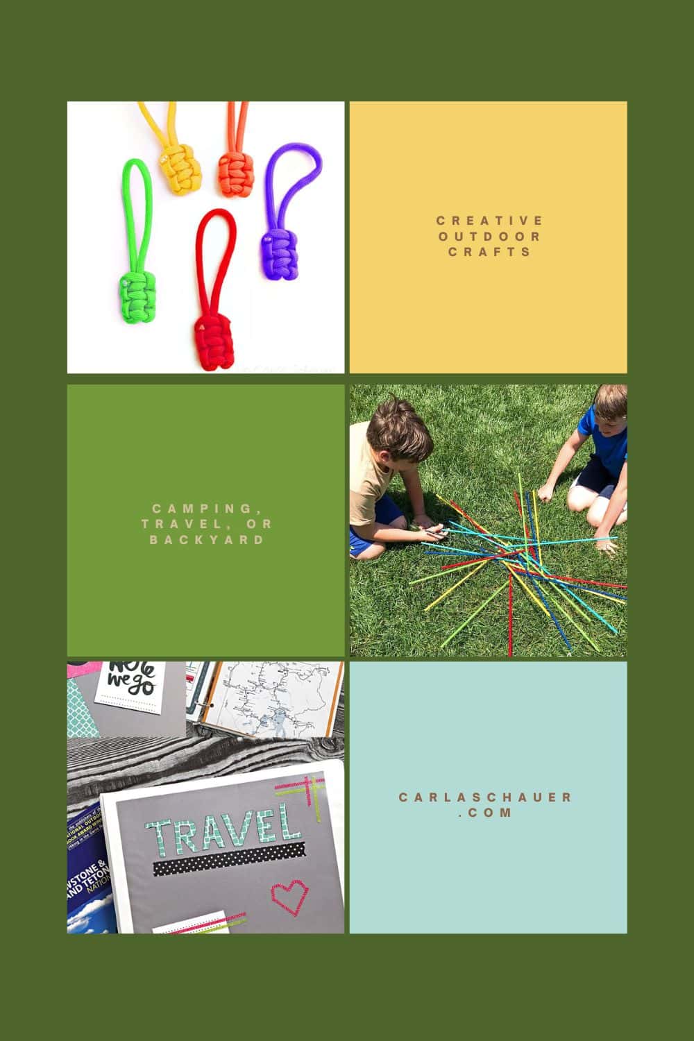 3 photos of camping and travel crafts, alternated on sides of images. Opposite solid color blocks in yellow, green, aqua have text that reads "creative outdoor crafts, camping, travel or backyard, carlaschauer.com"
